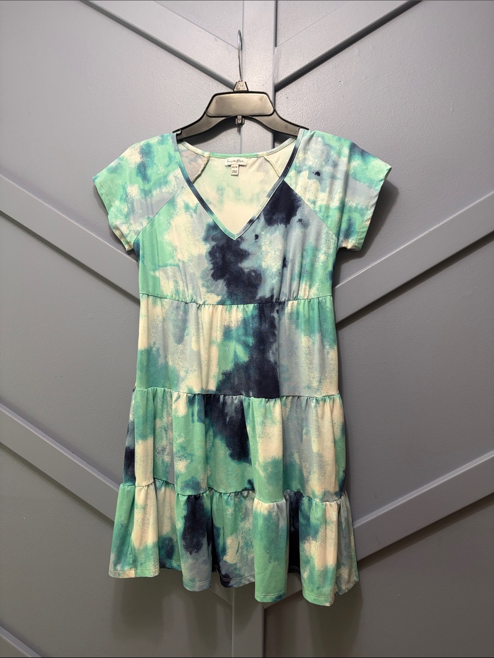 love, Fire Teal & Navy Tie-Dye V-Neck Tiered Dress